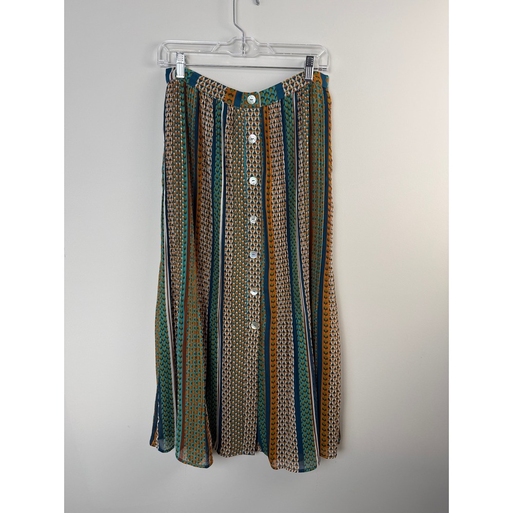 DR2 Button‎ Front Pleated Midi Skirt Womens Size M Teal Orange Geometric Stripe